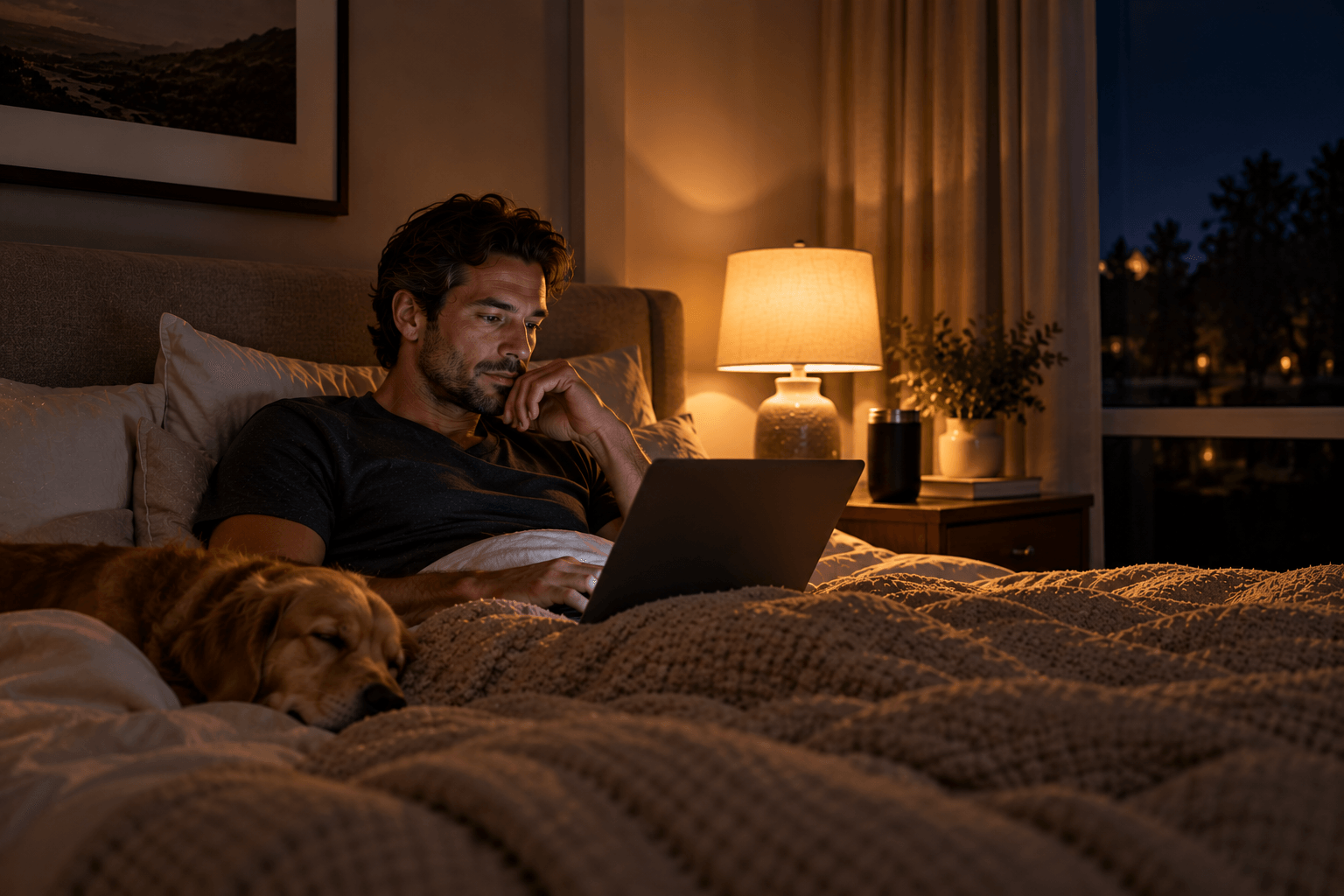 A person on a laptop in bed at night