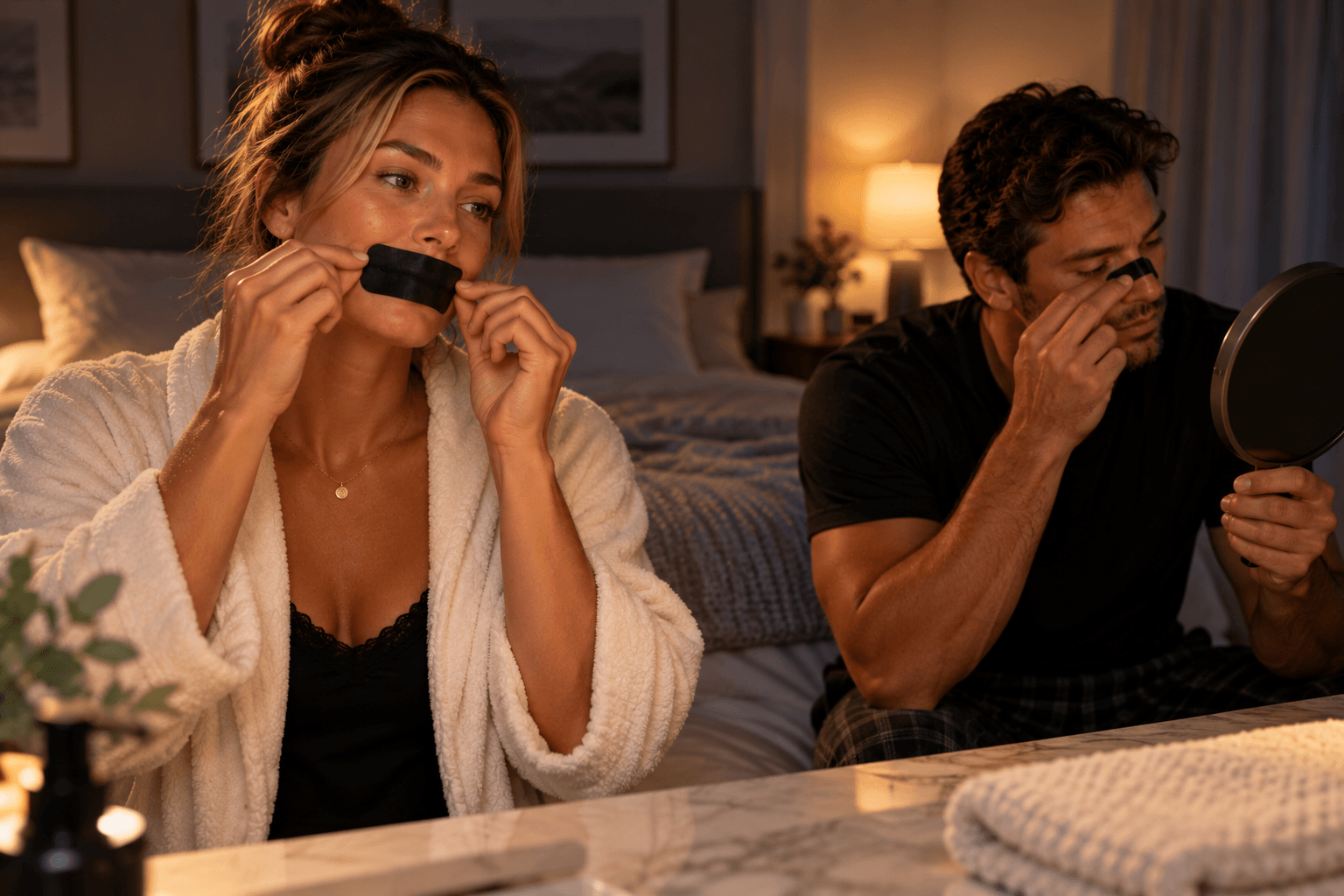 A person putting on mouth tape and a nasal strip at bedtime