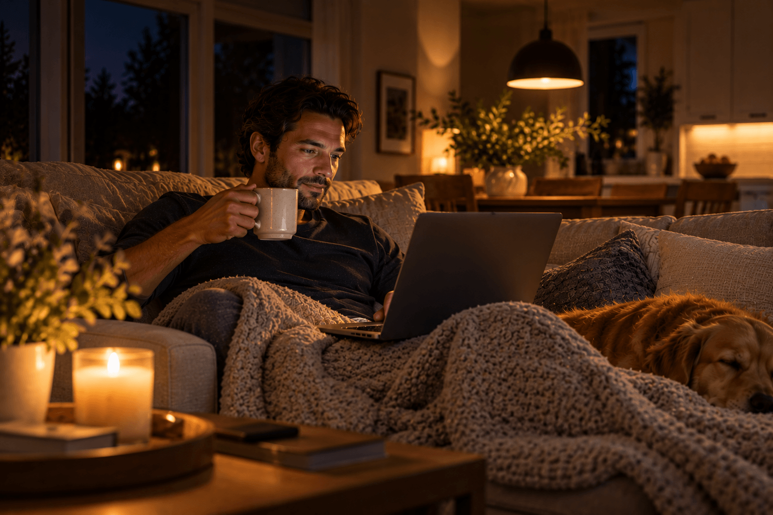 A person on the couch with a laptop at night