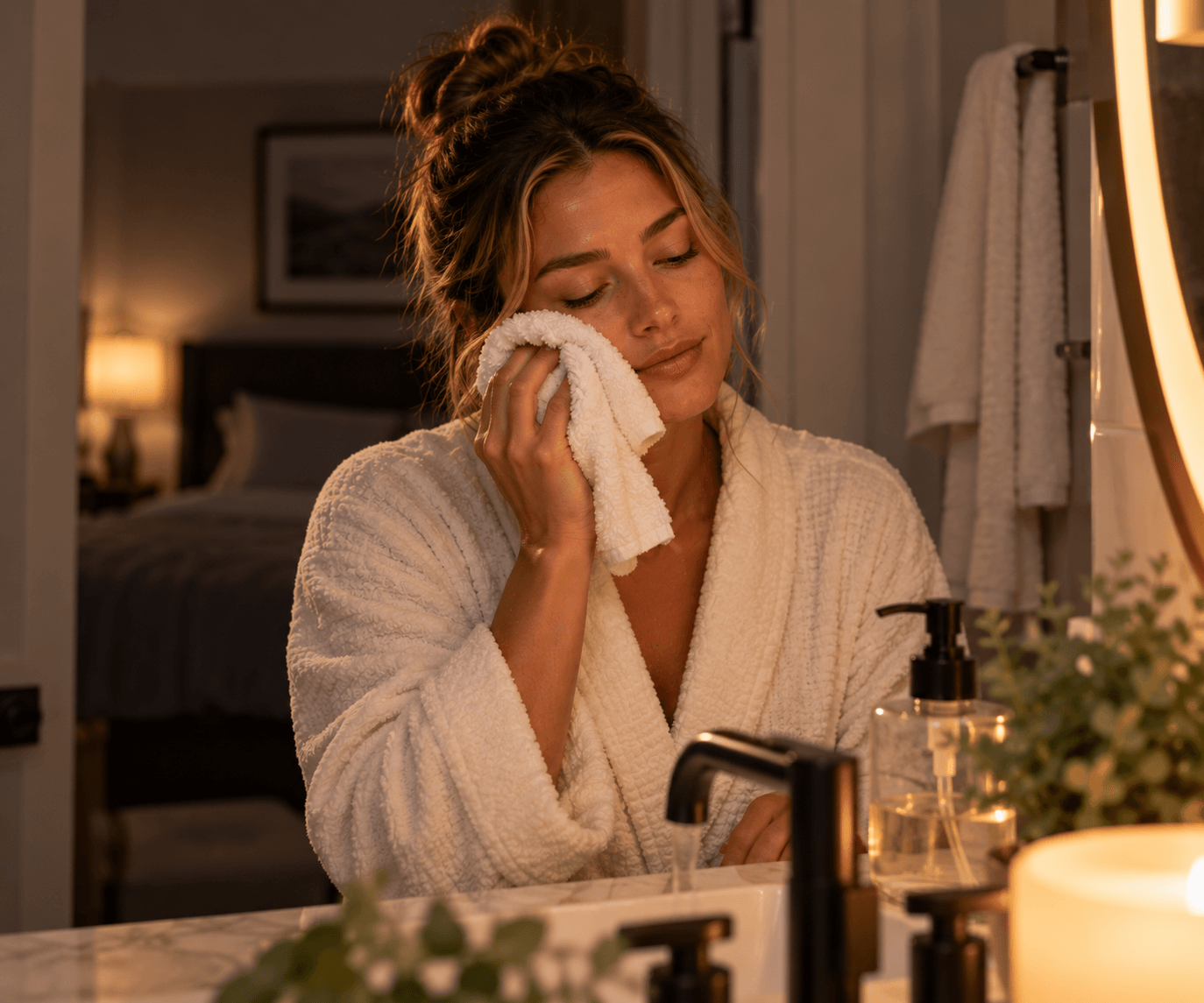 A person washing their face before bed