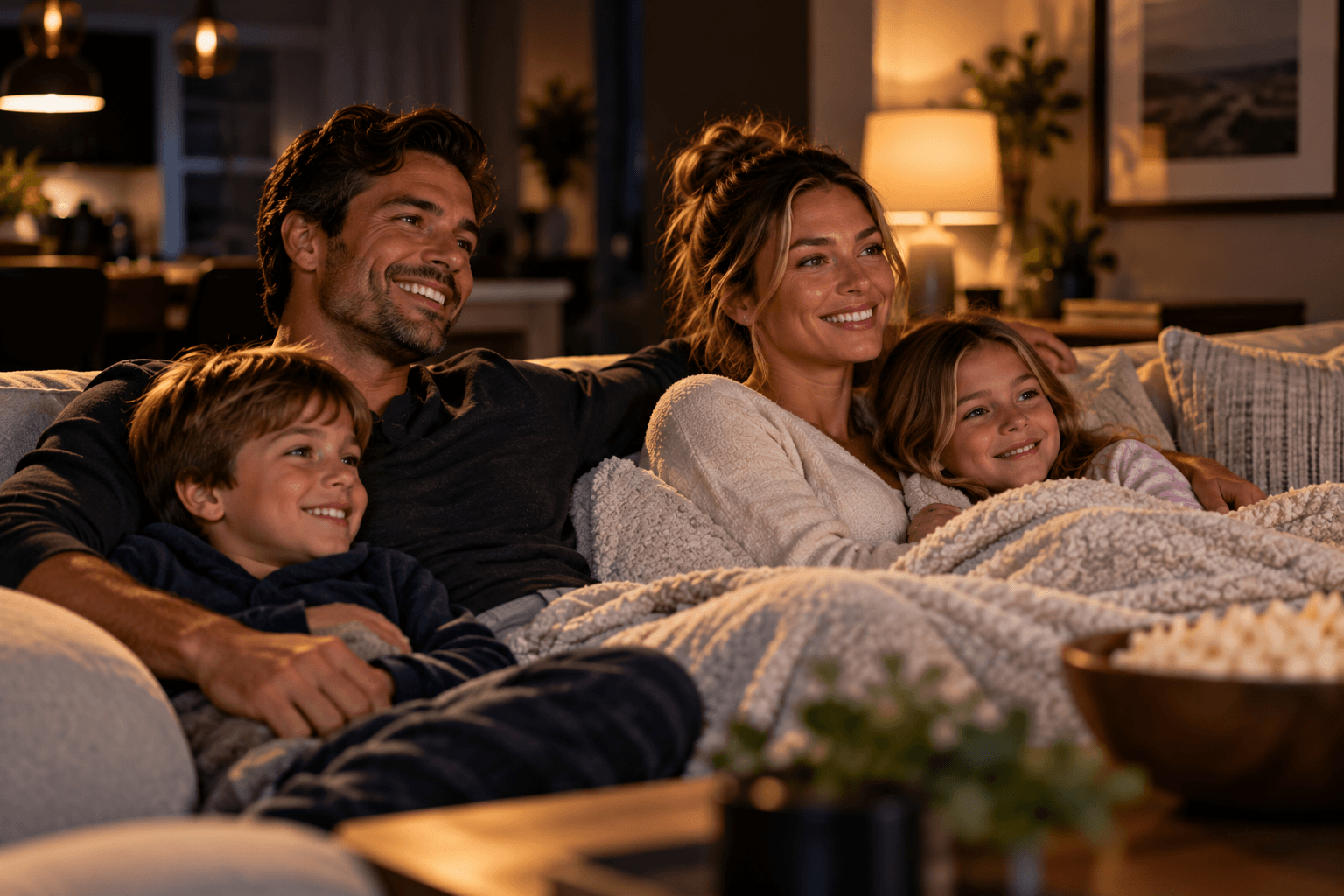 A family watching a movie together at night