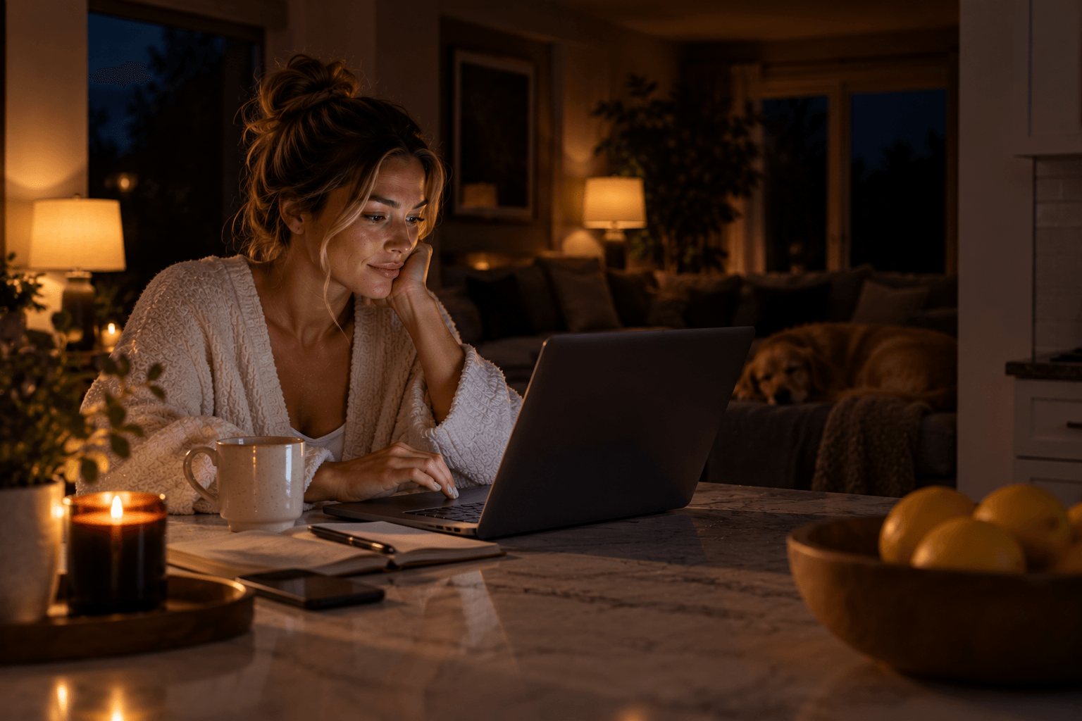 A person on a laptop in the kitchen at night