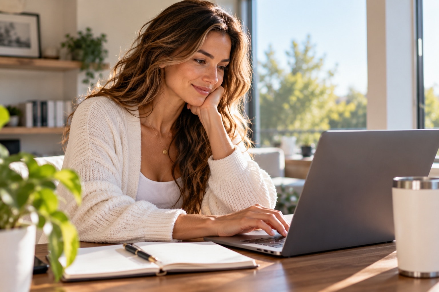 A person reading on a laptop at a desk