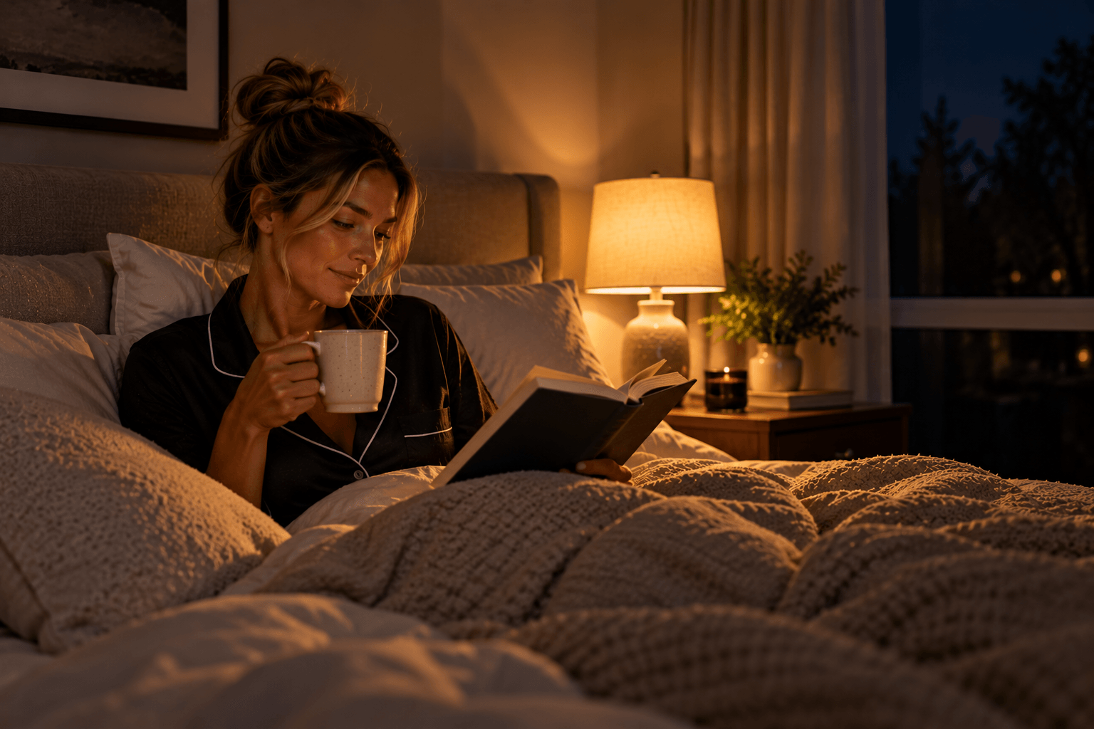 A person reading with tea in bed at night