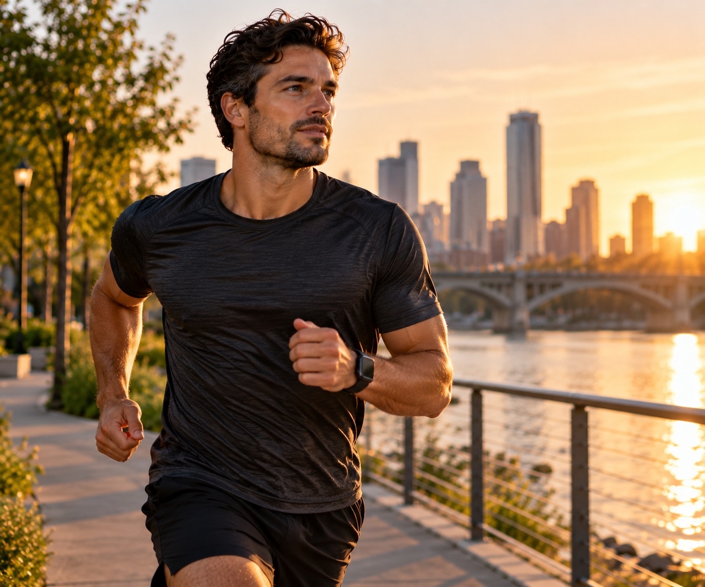 A person running at sunset