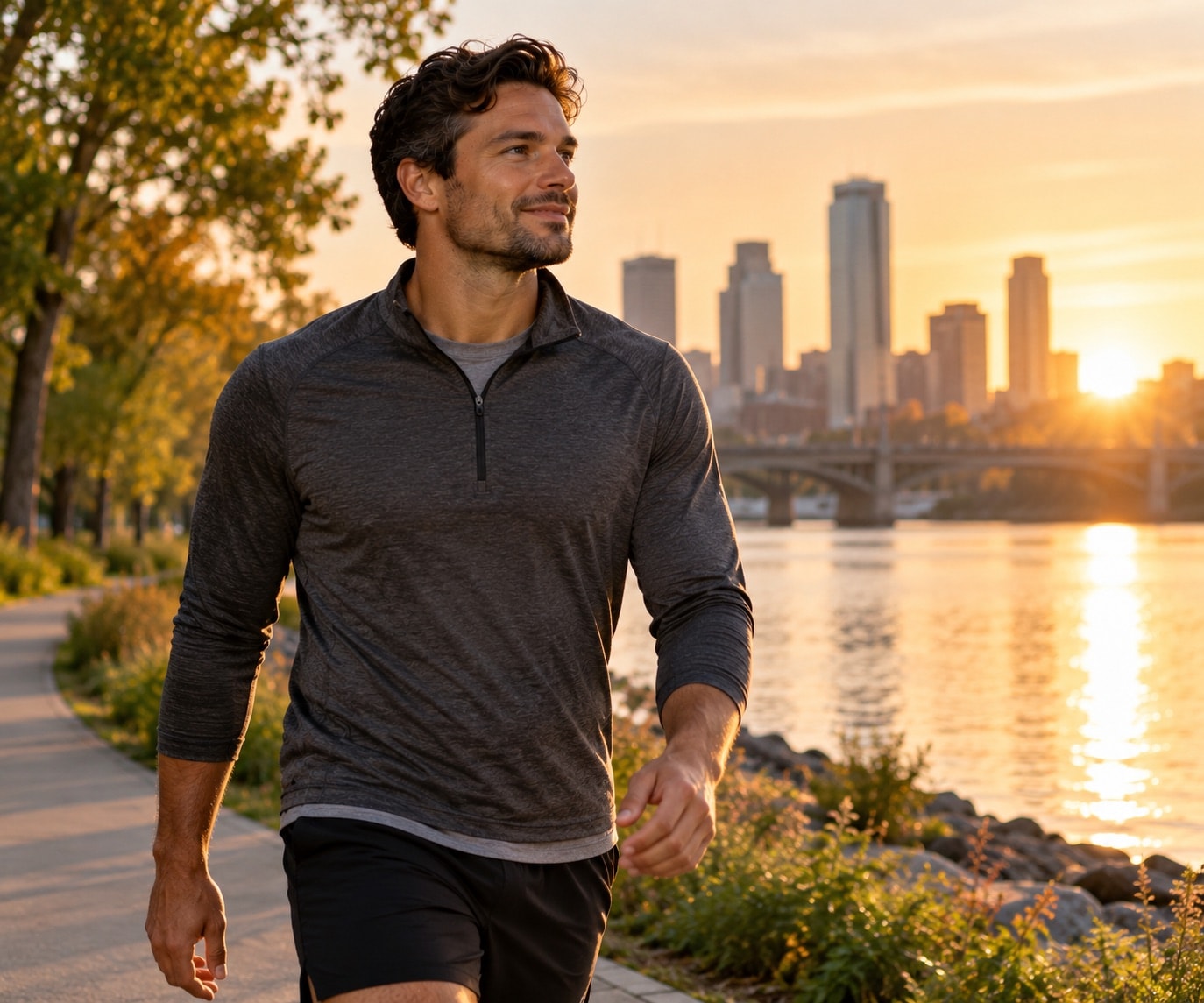 People walking at sunset